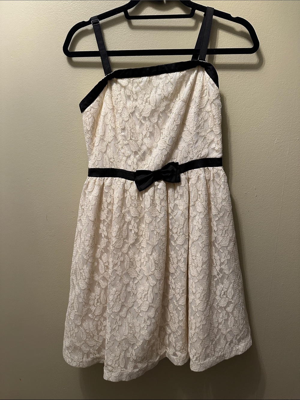 johnnie-O Cream Lace Girls Dress with Black Trim and Bow